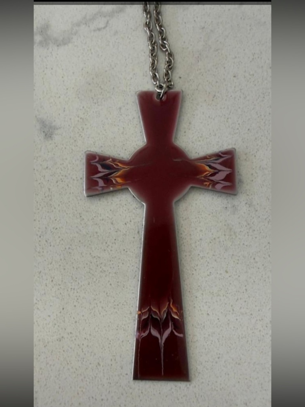 VTG Sheffield England Red Enamel Cross Pendant Necklace — 3¼" x 1¾" — 26" Chain